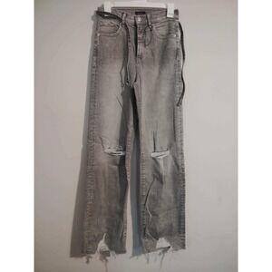 Express Women's Gray High Waisted Wide Leg Distressed Jeans W Belt Size 2R